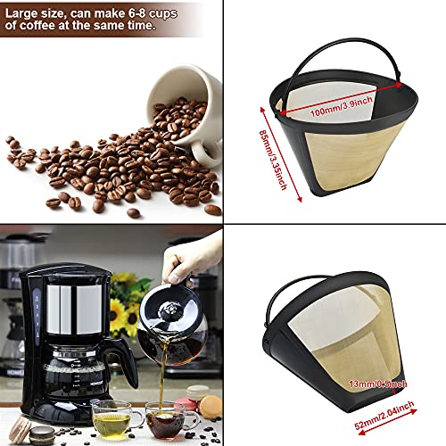 STCRERAG 2 unidades de filtro de café de tono dorado, filtro de café permanente, tamaño 4, de acero inoxidable, cesta de malla lavable, filtro de café reutilizable, de plástico, con mango