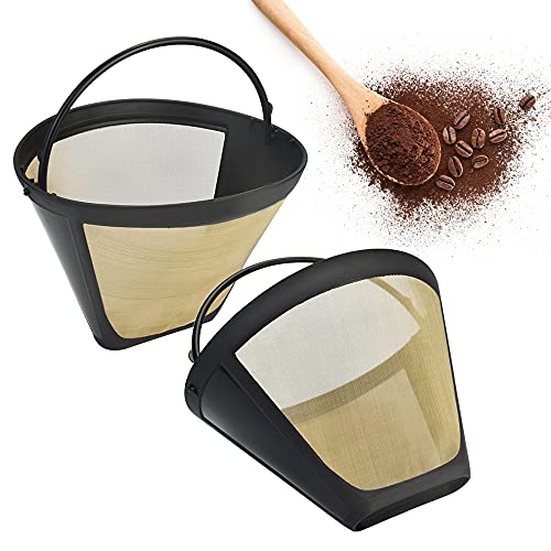 STCRERAG 2 unidades de filtro de café de tono dorado, filtro de café permanente, tamaño 4, de acero inoxidable, cesta de malla lavable, filtro de café reutilizable, de plástico, con mango