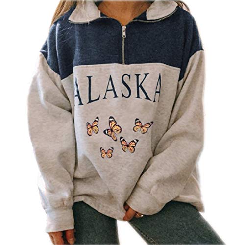 Sudadera de manga larga Alaska para mujer con estampado de letras y animales, de estilo rapero, con cremallera alta, para otoño e invierno Blue Butterfly Pattern M
