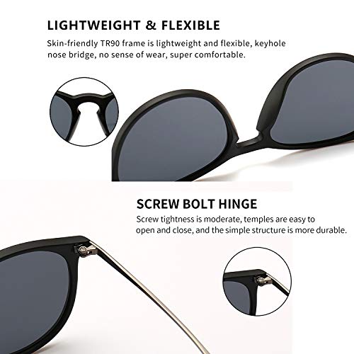 SUNGAIT Gafas de Sol Polarizadas Mujer Hombre Retro Redondas Unisex UV400 Proteccion(Marco Negro/Lente Gris)-SGT567