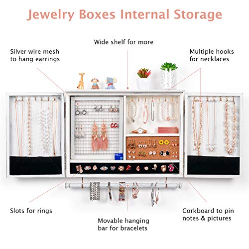 Sunix Organizador de joyas rústico, soporte de pared de joyas de malla, soporte de madera para collares, pulseras, pendientes, anillos, accesorios, joyero colgante (blanco)