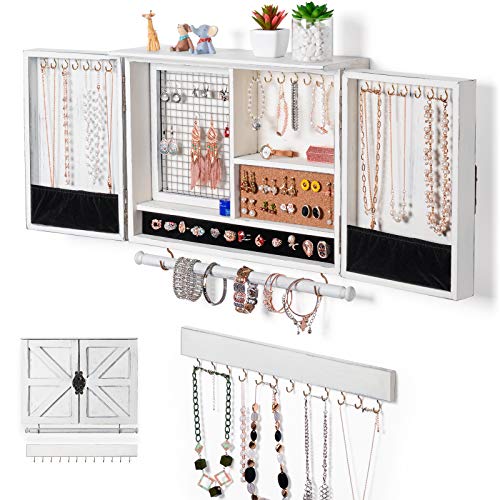 Sunix Organizador de joyas rústico, soporte de pared de joyas de malla, soporte de madera para collares, pulseras, pendientes, anillos, accesorios, joyero colgante (blanco)