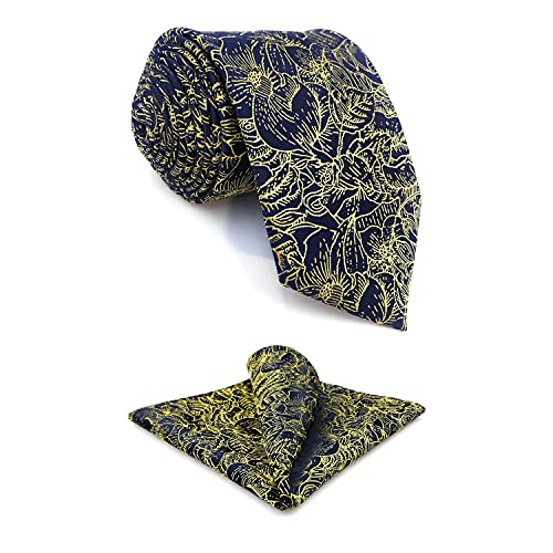 S&W SHLAX&WING Conjuntos de corbata para hombre Corbatas de novio de seda Corbata de tamaño clásico azul floral dorado con conjunto de pañuelo de bolsillo