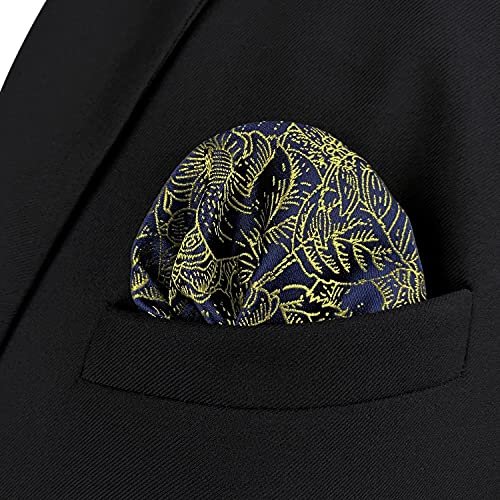 S&W SHLAX&WING Conjuntos de corbata para hombre Corbatas de novio de seda Corbata de tamaño clásico azul floral dorado con conjunto de pañuelo de bolsillo