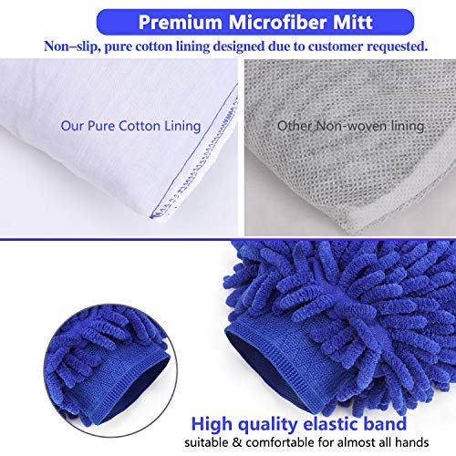 TAGVO Mitón de Microfibra Toalla de Microfibra Premium para Limpieza de Coche Guante de Chenilla para el Lavado Toalla de Felpa Especial para el Lavado, Secado y Pulido-Azul(Toalla x2+ Mitón x2)
