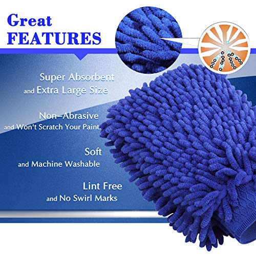TAGVO Mitón de Microfibra Toalla de Microfibra Premium para Limpieza de Coche Guante de Chenilla para el Lavado Toalla de Felpa Especial para el Lavado, Secado y Pulido-Azul(Toalla x2+ Mitón x2)