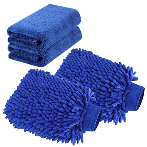 TAGVO Mitón de Microfibra Toalla de Microfibra Premium para Limpieza de Coche Guante de Chenilla para el Lavado Toalla de Felpa Especial para el Lavado, Secado y Pulido-Azul(Toalla x2+ Mitón x2)