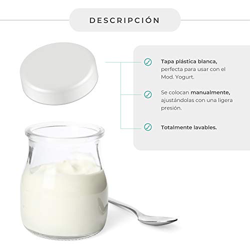 Tapas de plastico ajustables para vasos de yogurt/Pack 24 tapas para tarro de yogurteras de 143ml y 150ml para vasos 58mm de diametro