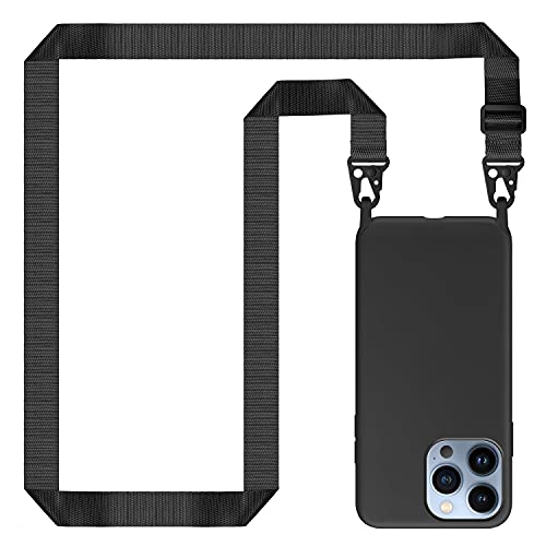 Tawarror Funda con Cuerda para iPhone 13 Pro, Carcasa de Silicona Líquida, Case con Correa Colgante Ajustable Collar Correa de Cuello Cadena Cordón, Negro