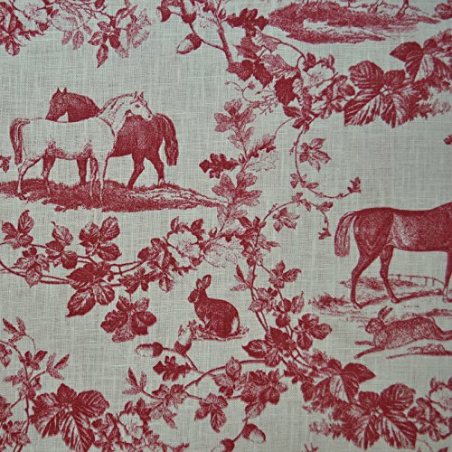 Tela de lino - el caballo noble (rojo burdeos y blanco crema) in estilo Toile de Jouy - 100% lino suave | ancho: 140cm (1 metro)