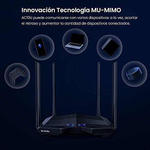 Tenda AC10U - Router Gigabit Inalámbrico de Doble Banda, 2.4 GHz a 300 Mbps y 5 GHz a 867 Mbps, 4 x 6 dBi antenas externas, USB 2.0, Gaming, Modo WISP, Clon MAC, Tecnología MU-MIMO, Beamforming+