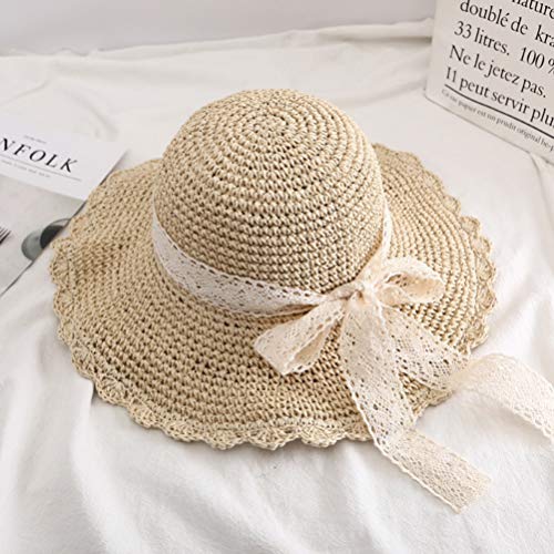TENDYCOCO Sombrero para El Sol para Mujer Sombrero de Paja de ala Ancha Empacable con Sombrero de Playa de Encaje con Sombrero Tejido con Lazo Sombrero de Mimbre