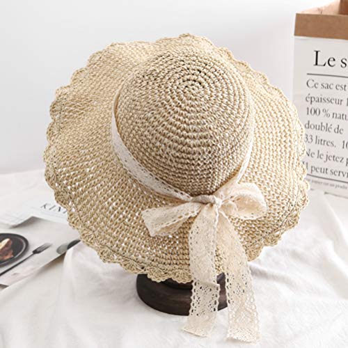 TENDYCOCO Sombrero para El Sol para Mujer Sombrero de Paja de ala Ancha Empacable con Sombrero de Playa de Encaje con Sombrero Tejido con Lazo Sombrero de Mimbre