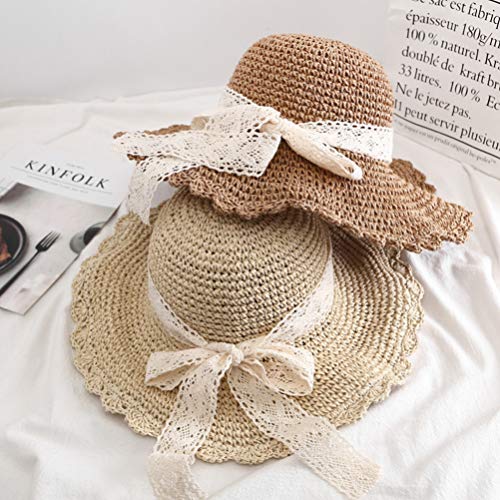 TENDYCOCO Sombrero para El Sol para Mujer Sombrero de Paja de ala Ancha Empacable con Sombrero de Playa de Encaje con Sombrero Tejido con Lazo Sombrero de Mimbre