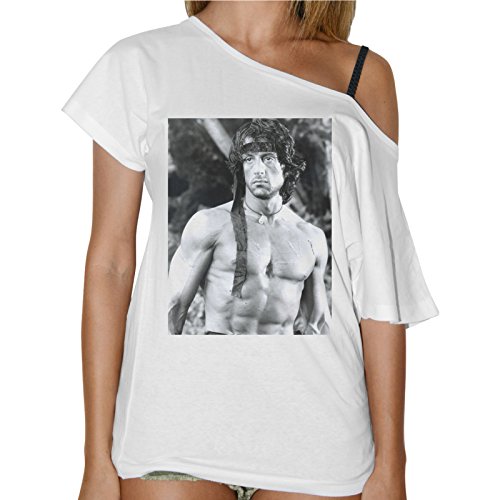 thedifferent Camiseta de mujer con cuello de barco Rambo Sylvester Stallone, guerrero soldado – blanco blanco L