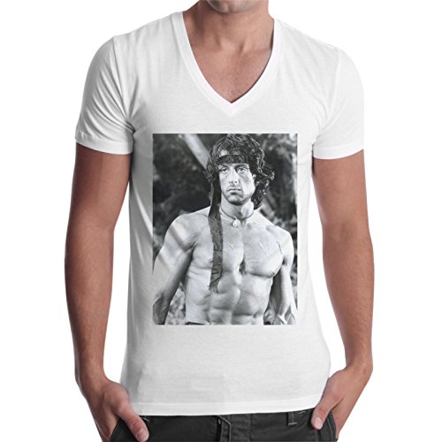 thedifferent Camiseta Hombre Cuello V Rambo Sylvester Stallone Guerrero Soldado – Blanco Bianco XX-Large