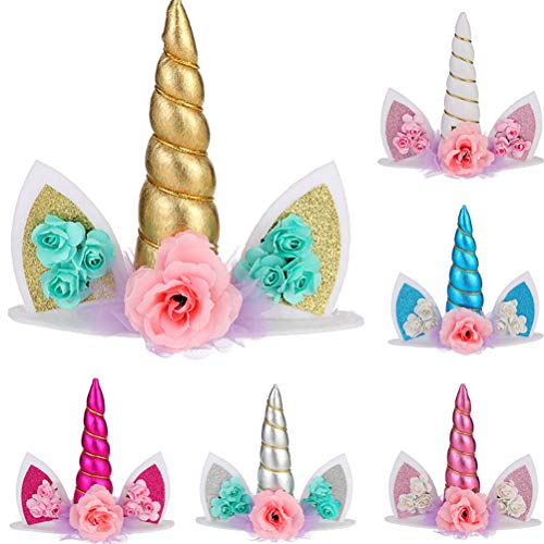 Toyandona - 6 piezas de decoración para tarta con diseño de cuerno de unicornio y flores, decoración para tarta de cumpleaños, baby shower, unicornio, suministros para fiesta