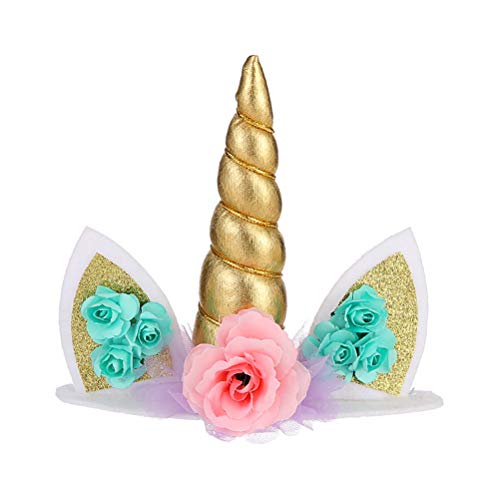 Toyandona - 6 piezas de decoración para tarta con diseño de cuerno de unicornio y flores, decoración para tarta de cumpleaños, baby shower, unicornio, suministros para fiesta
