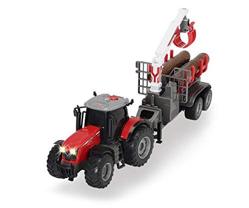 Tractor Massey Ferguson- Incluye Tres Troncos- Brazo Porta-Troncos- luz y Sonido- 42cm (Dickie 3737003)