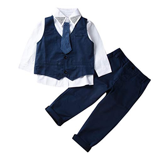 Traje Niño Conjuntos Verano 3 Piezas 1 Camisa con Corbata + 1 Chaleco +1 Pantalones Largos Ropa para Chicos Formal Traje Boda para Niño Disponible de 1 a 7 Años (3-4 años)