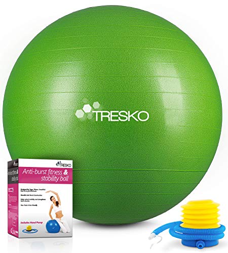 TRESKO® Pelota de Gimnasia Anti-Reventones | Bola de Yoga Pilates y Ejercicio | Balón para Sentarse | Balon de Ejercicio para Fitness | 300 kg | con Bomba de Aire | Verde | 75cm