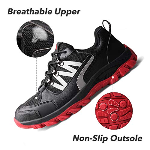 Ucayali Zapato de Seguridad Hombre Zapatilla de Trabajo con Punta de Acero Ligero Antideslizantes Transpirable Calzado Industrial Reflectivo(Rojo, 44 EU)