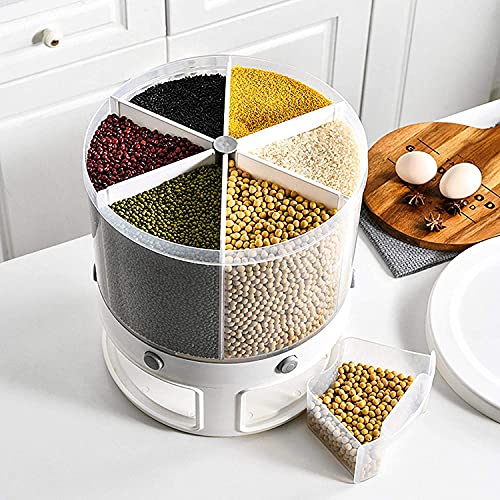 UIGJIOG Dispensador de Cereales, Caja giratoria de Grano sellada, Recipiente de Almacenamiento de arroz de 6 Rejillas con Taza, Cubo de arroz de 10 l para Granero de Alimentos Secos, arroz y Soja