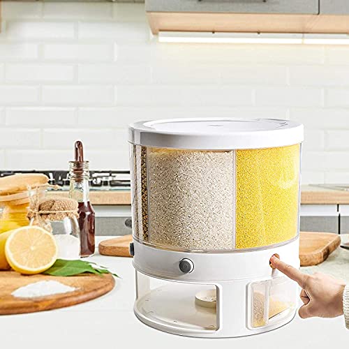 UIGJIOG Dispensador de Cereales, Caja giratoria de Grano sellada, Recipiente de Almacenamiento de arroz de 6 Rejillas con Taza, Cubo de arroz de 10 l para Granero de Alimentos Secos, arroz y Soja