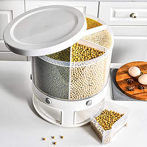 UIGJIOG Dispensador de Cereales, Caja giratoria de Grano sellada, Recipiente de Almacenamiento de arroz de 6 Rejillas con Taza, Cubo de arroz de 10 l para Granero de Alimentos Secos, arroz y Soja