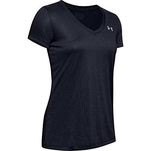 Under Armour Tech Short Sleeve V-Solid Camiseta, Mujer, Negro (Black/Metallic Silver), M