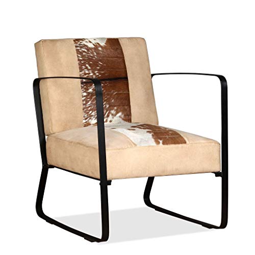 UnfadeMemory Sillón de Salón con Reposabrazos,Sofá Individual,Silla de Relax,Decoración de Hogar Habitación o Oficina,Estilo Industrial,Piel de Cabra y Lona y Acero,60x64x74cm