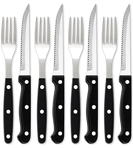 vendify® 8 cubiertos para carne / pizza con 4 tenedores y 4 cuchillos de acero inoxidable con mango de plástico