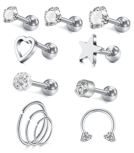 VFUN 16G Acero Inoxidable Piercing Helix 2/3/4MM CZ Caballo Piercing Oreja Cartilago Piercing Nariz Septum para Mujeres 6MM Longitud de la Barra - Plata