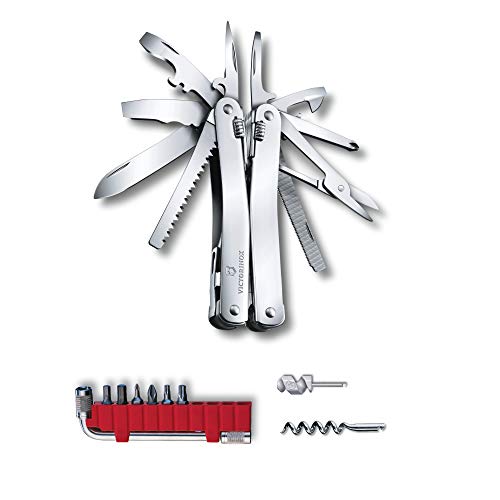 Victorinox Swiss Tool Spirit X Plus Navaja con 35 funciones incluyendo alicates universales, sierra para metal y funda de cuero, color plata