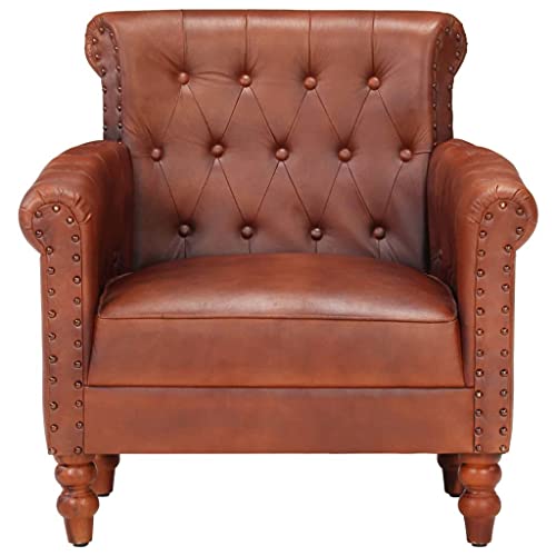 vidaXL Sillón Sofá Silla Asiento Dormitorio Sala de Estar Salón Acolchado Vintage Suave Cómodo Individual de Cuero Auténtico de Cabra Marrón Oscuro