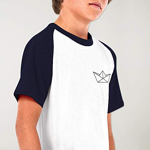 VIENTO Paper Ship Camiseta Baseball para Niño (Blanco/Azul Marino, 5-6 años)