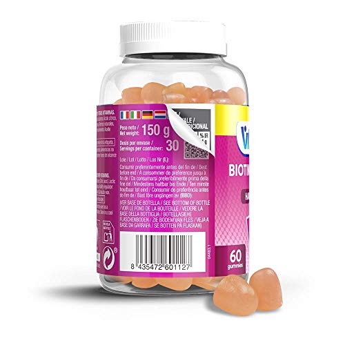 VITALDIN Biotina + Colágeno gummies - Suplemento de Belleza - 2.500 mcg de Biotina, Vitaminas C y E - 60 gominolas (para 1 mes), sabor a Cítricos - Ayuda a Mantener el Cabello y la Piel - Sin Gluten