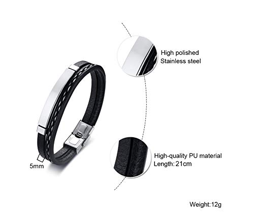 VNOX Personaliza Grabado Gratuito Trenzado de Cuero de PU Chapado en Negro Etiqueta de Identificación de Acero Inoxidable Pulsera Pulsera Brazalete para Hombres Niño