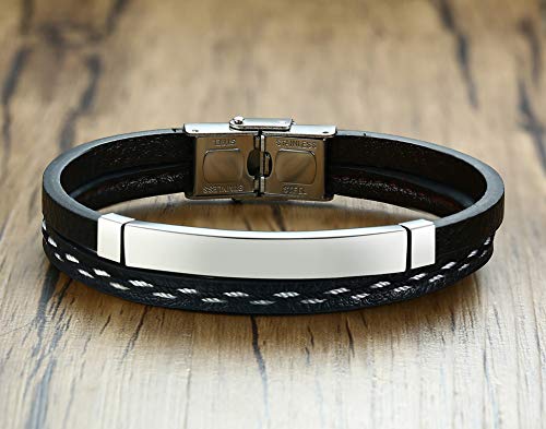 VNOX Personaliza Grabado Gratuito Trenzado de Cuero de PU Chapado en Negro Etiqueta de Identificación de Acero Inoxidable Pulsera Pulsera Brazalete para Hombres Niño