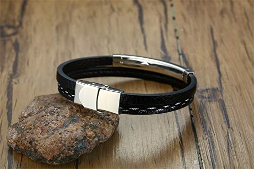 VNOX Personaliza Grabado Gratuito Trenzado de Cuero de PU Chapado en Negro Etiqueta de Identificación de Acero Inoxidable Pulsera Pulsera Brazalete para Hombres Niño