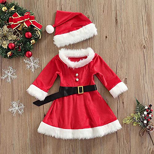 WangsCanis Conjunto de Navidad para bebé niña de 3 piezas, de 1 a 5 años, vestido de Navidad, vestido de Navidad, vestido de Navidad, gorro de Navidad y cinturón, rojo, 18-24 Meses