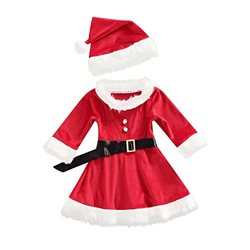WangsCanis Conjunto de Navidad para bebé niña de 3 piezas, de 1 a 5 años, vestido de Navidad, vestido de Navidad, vestido de Navidad, gorro de Navidad y cinturón, rojo, 18-24 Meses