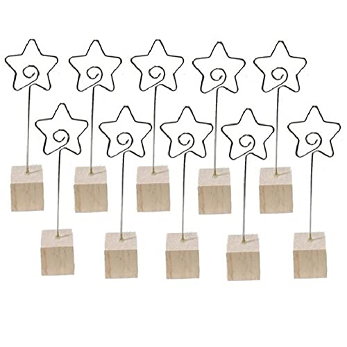 WANLIAN 10 Pack Christmas Party Decoration Card Star Holders Wooden Base Card Rustic Iron Wire Picks Clip Picture Memo Note Photo Clip for Wedding Office Christmas Table