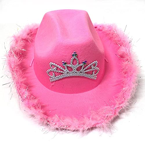 XCSM Sombrero de vaquero rosa con tiara LED para mujeres, niñas, adultos, país, sombrero de vaquero de fieltro occidental, disfraz de Halloween, accesorios para disfraces de fiesta