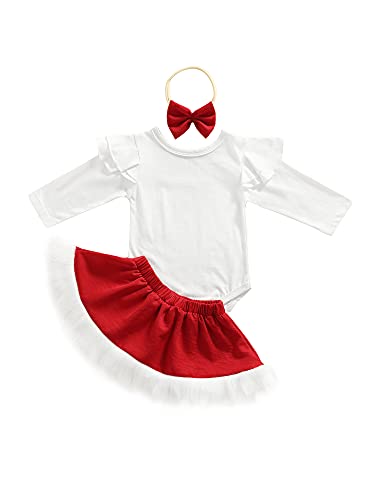 Xulahul 3 unidades de recién nacido de Navidad vestido de bebé niña pelele manga larga mono falda suave pantalones banderines arco banda para niños vestidos, rojo, 0- 6 meses