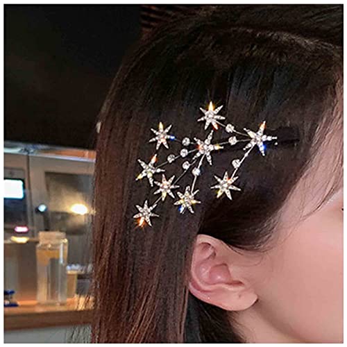 Yheakne Crystal Star - Pasador de pelo con diamantes de imitación plateados, diseño de estrellas y racimo, alfiler para el pelo, alfiler para la cabeza, alfileres para el cabello, accesorios(plateado)