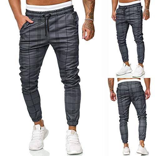 yiouyisheng Pantalones de chándal para hombre, a cuadros, con cordón y bolsillos, modernos, informales, ajustados, para correr, hacer chándal, a cuadros, gris oscuro, M