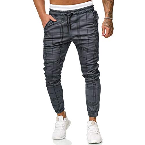 yiouyisheng Pantalones de chándal para hombre, a cuadros, con cordón y bolsillos, modernos, informales, ajustados, para correr, hacer chándal, a cuadros, gris oscuro, M