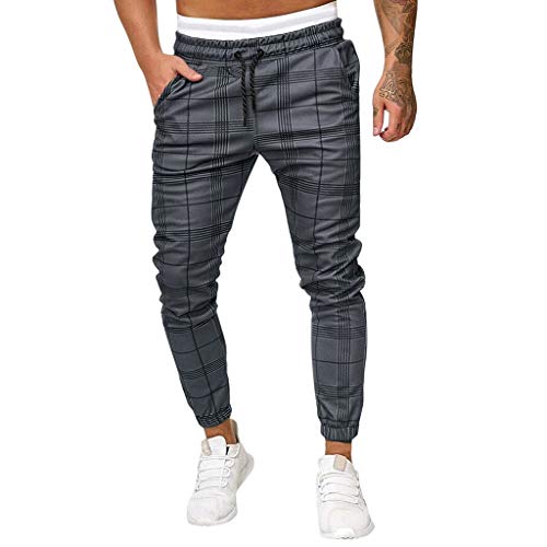 yiouyisheng Pantalones de chándal para hombre, a cuadros, con cordón y bolsillos, modernos, informales, ajustados, para correr, hacer chándal, a cuadros, gris oscuro, M