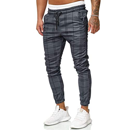 yiouyisheng Pantalones de chándal para hombre, a cuadros, con cordón y bolsillos, modernos, informales, ajustados, para correr, hacer chándal, a cuadros, gris oscuro, M